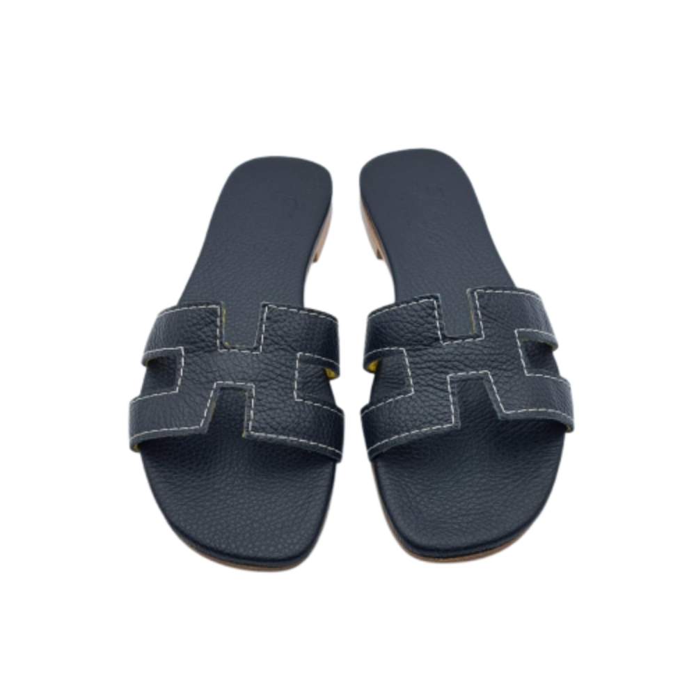 Sandali Donna in Pelle Nera con Suola in Cuoio